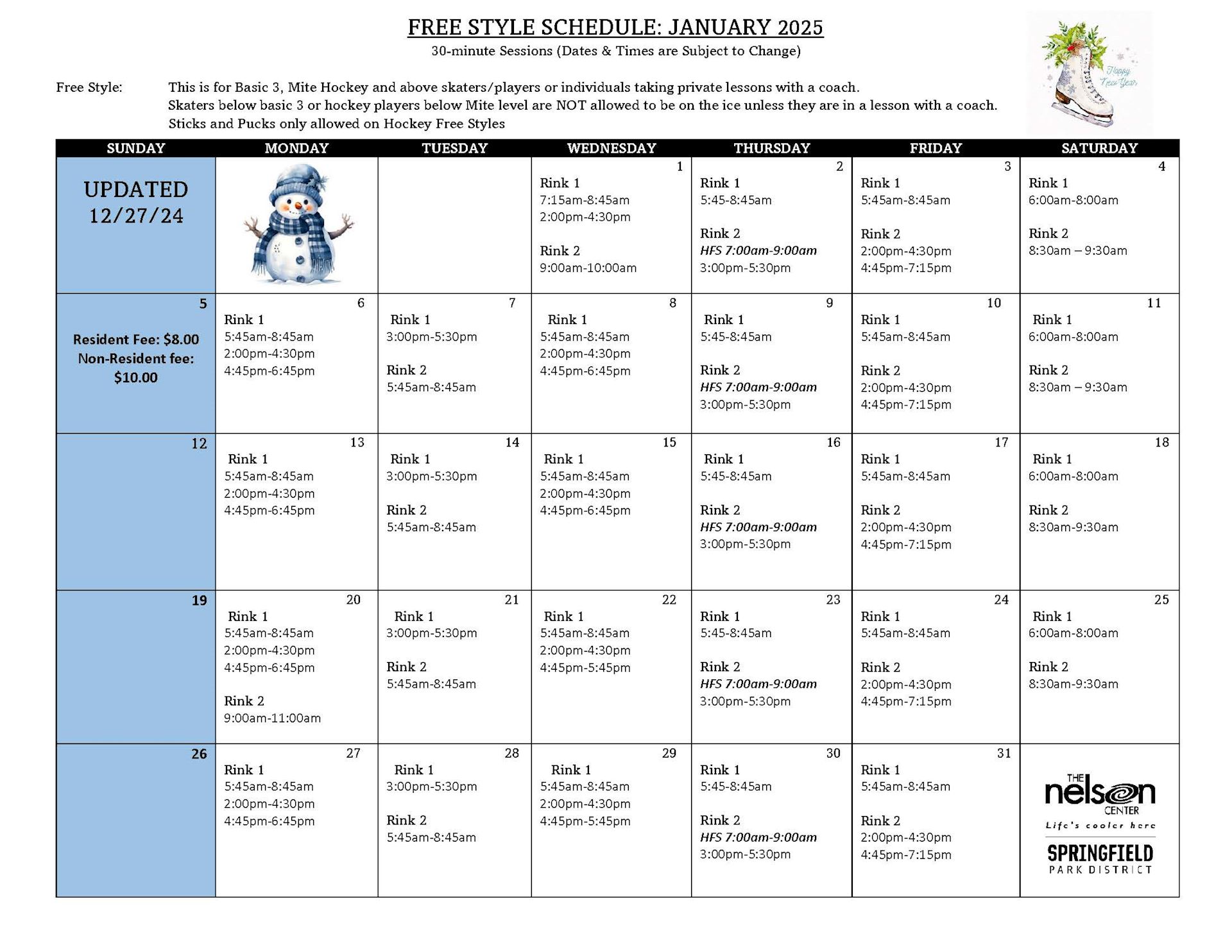 2025 January Free Style Schedule